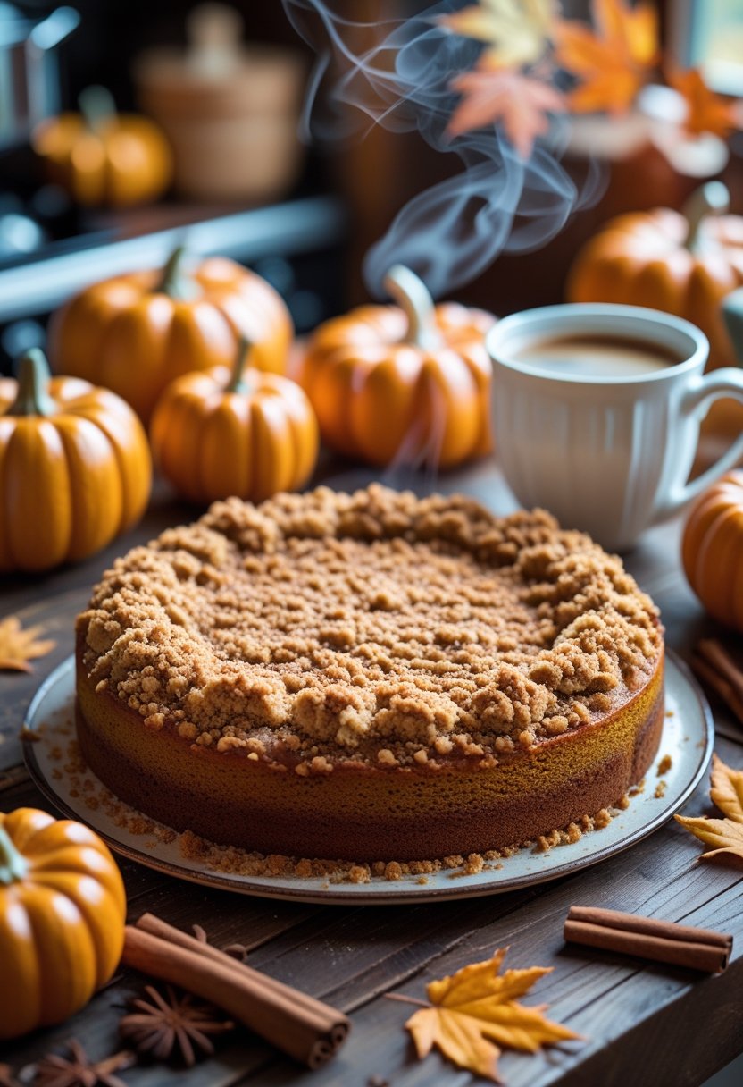 A pumpkin coffee cake on a wooden table with seven small pumpkins and a cup of coffee.