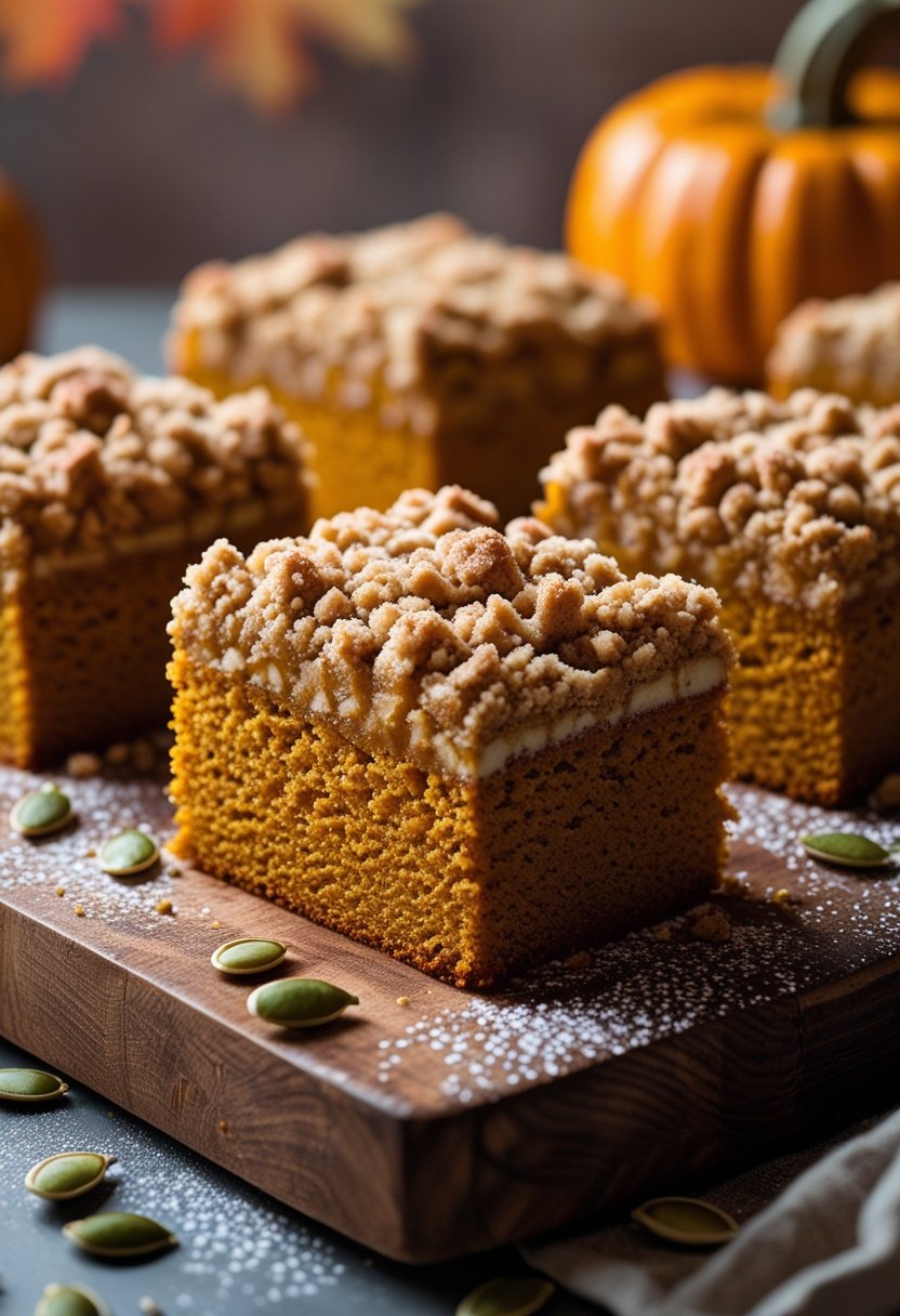 Six slices of pumpkin crunch cake arranged on a wooden board with a crunchy topping.