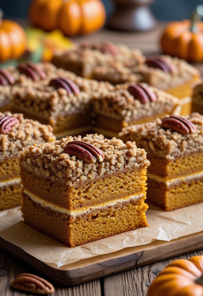 Six slices of pumpkin crunch cake with pecan topping on a wooden table.