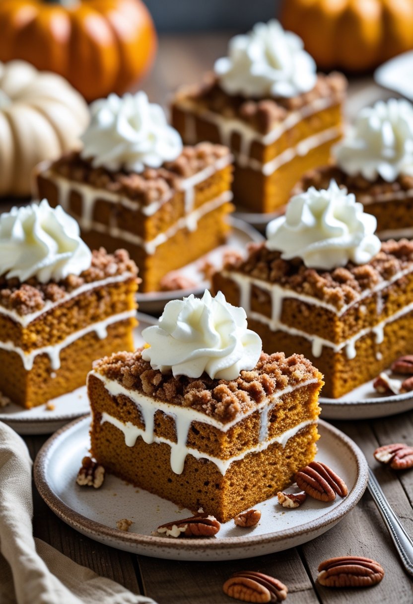 Six slices of pumpkin crunch cake topped with whipped cream on a wooden table.