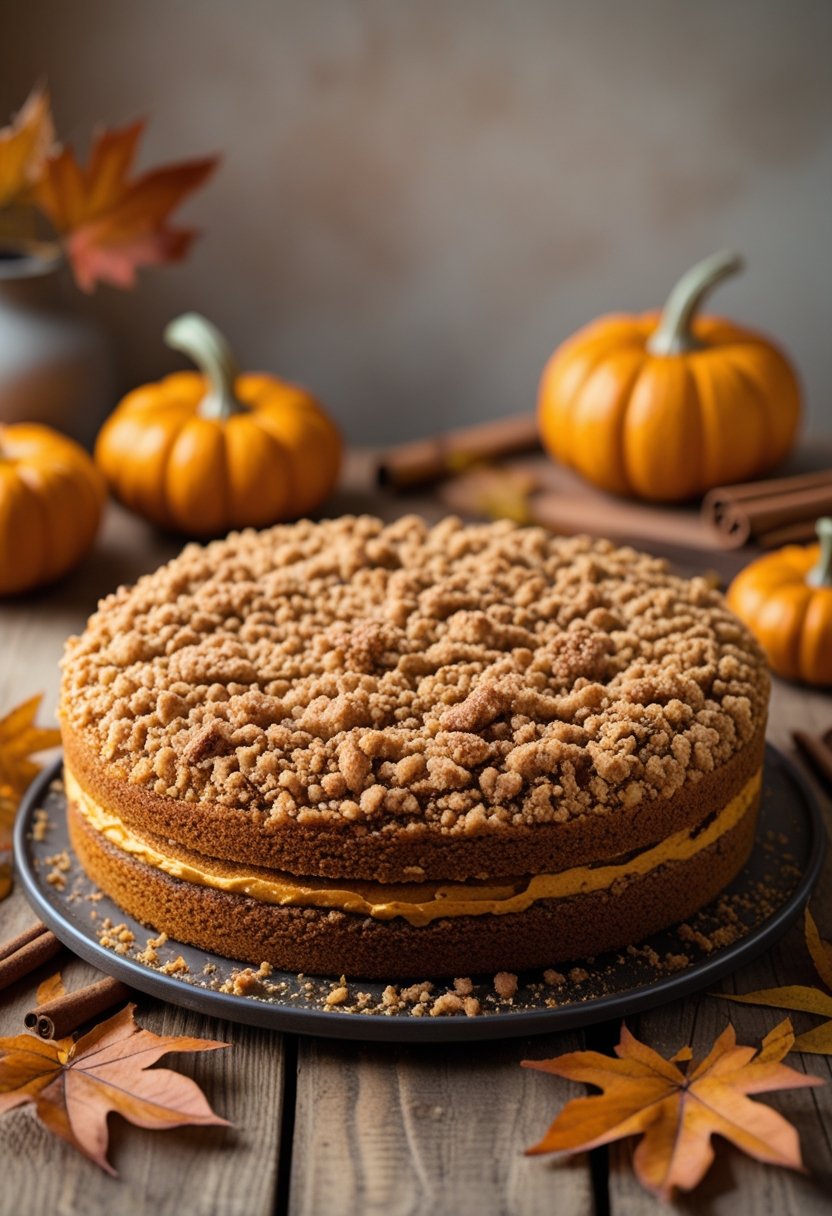 A freshly baked pumpkin crunch cake with a crumbly topping on a wooden table surrounded by small pumpkins and cinnamon sticks.