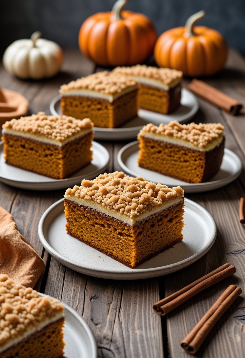 Six slices of pumpkin crunch cake with a buttery crumb topping arranged on a white plate on a wooden table.