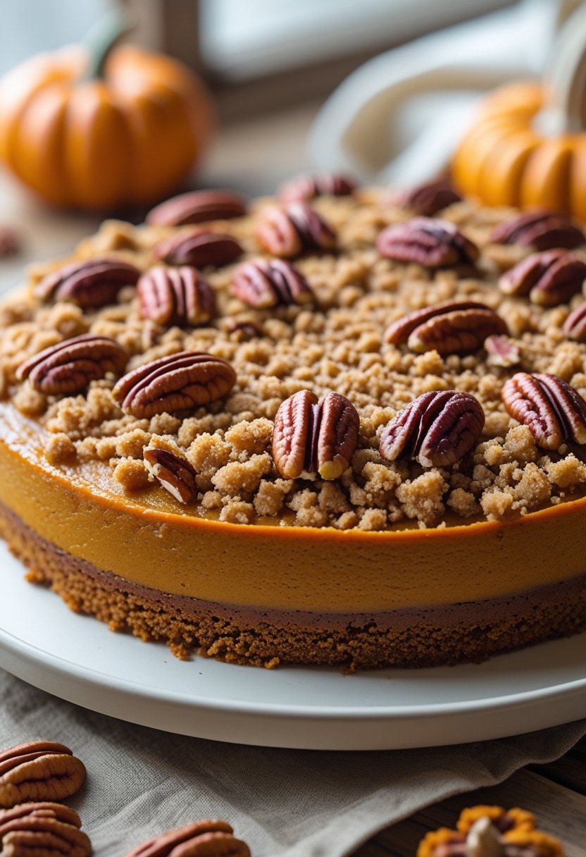 A close-up of a pumpkin crunch cake with a pumpkin pie base and a crunchy pecan streusel topping on a white plate.