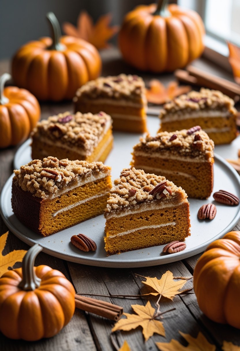 Six slices of pumpkin crunch cake on a wooden table surrounded by small pumpkins and cinnamon sticks.