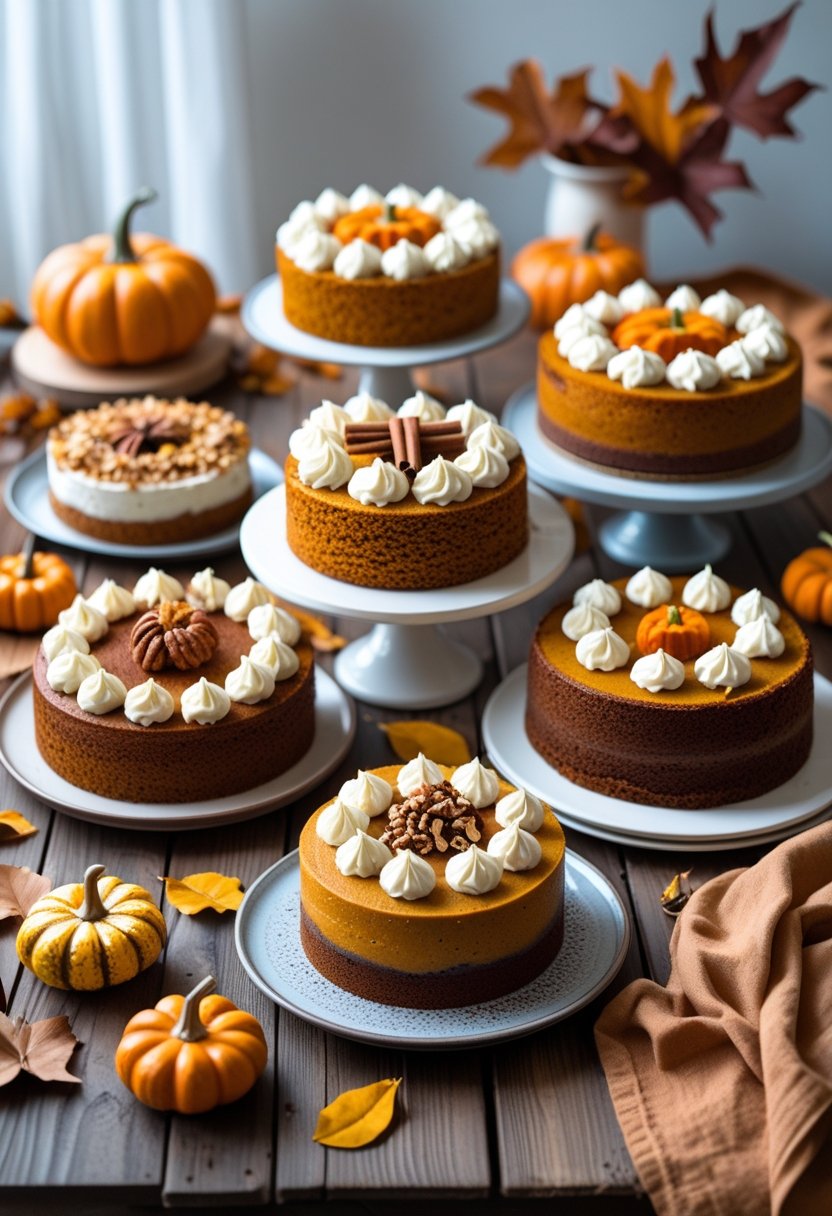 Six different gluten free pumpkin cakes arranged on a wooden table with autumn decorations.