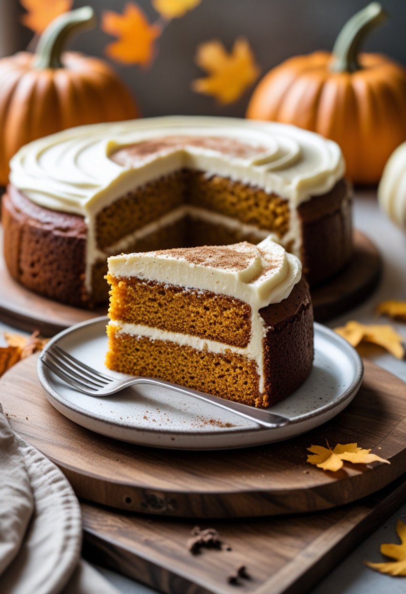 A slice of pumpkin cake with cream cheese frosting on a plate, with pumpkins and autumn leaves in the background.