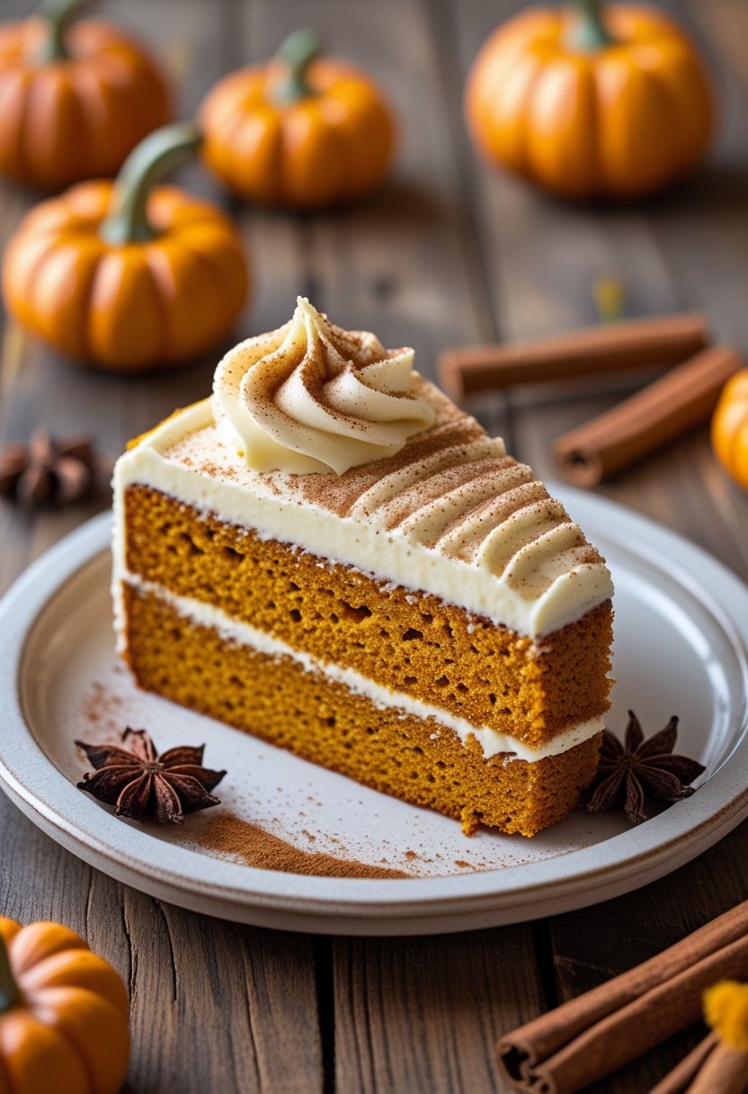A slice of pumpkin cake with yogurt and cinnamon frosting on a white plate, surrounded by small pumpkins and cinnamon sticks on a wooden table.