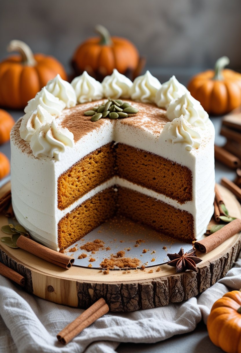 A sliced pumpkin cake with whipped topping on a wooden board, surrounded by small pumpkins and cinnamon sticks.