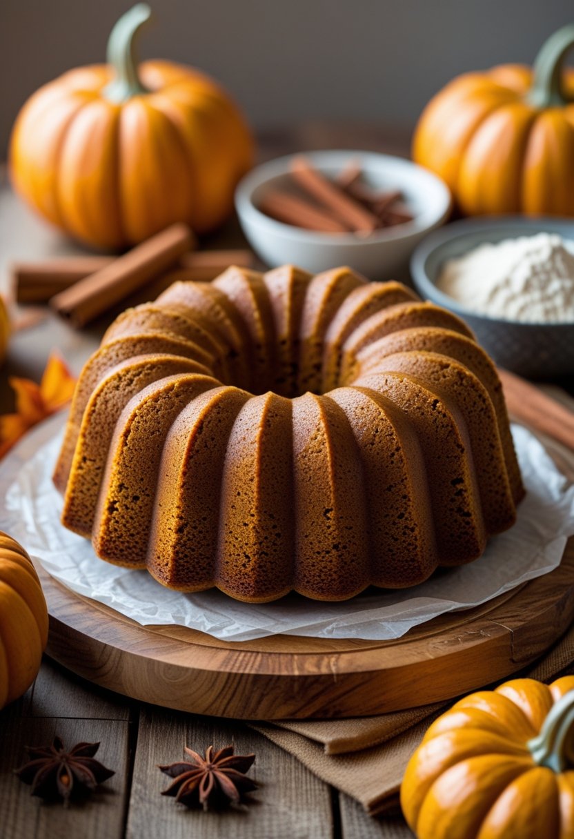 A gluten-free pumpkin bundt cake on a wooden table surrounded by pumpkins and spices.
