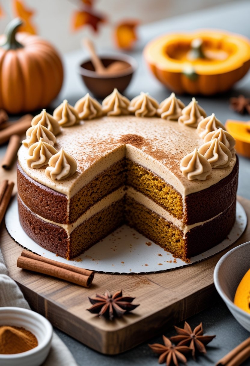 A sliced pumpkin cake with cinnamon frosting on a wooden board surrounded by cinnamon sticks, pumpkin slices, and autumn decorations.
