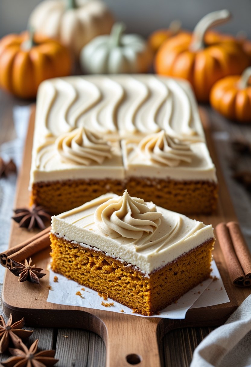 A sliced gluten-free pumpkin sheet cake topped with creamy maple frosting on a wooden table with autumn decorations around it.
